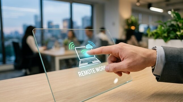 Hand pointing at glass screen with remote work on office desk laptop cloud computing wi-fi