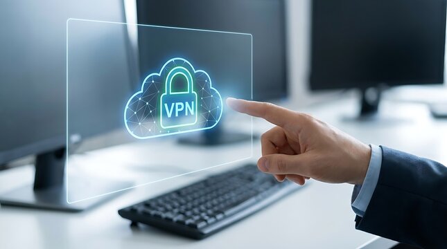 Hand pointing at virtual V P N padlock on cloud in office setting virtual private network security