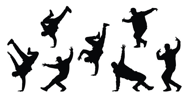 Black vector illustration set featuring multiple silhouettes of young men performing energetic breakdance hip hop moves