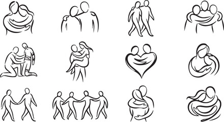 Obraz premium Abstract Line Art Family and Relationship Icons Set Black and White People Vector Hand Drawn Sketch Illustrations
