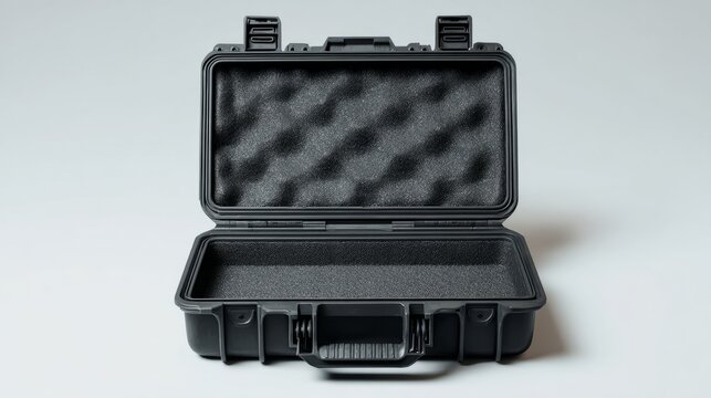 Black plastic storage case with durable hinged lid, compact protective container for organizing tools, accessories, equipment, electronics, craft supplies, and everyday essentials, isolated on a clean