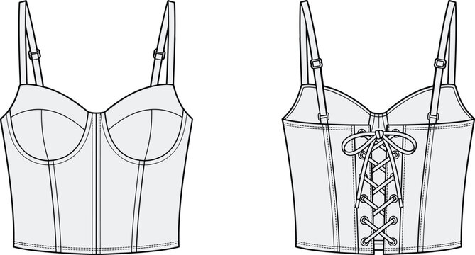 Technical fashion of a women corset with lace up back and straps on a white background des