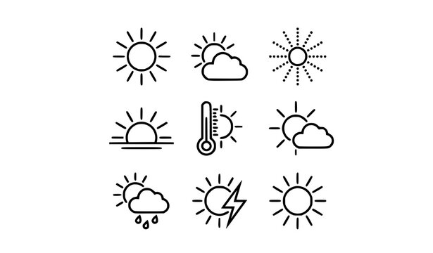 Sun Line Icon Vector Set Minimalist Weather Foreast and Summer Web UI Line Art Templates
