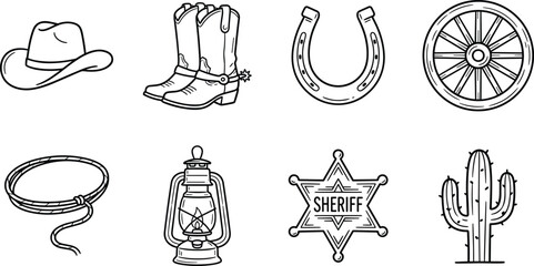 Wild West icons with wagon wheel cactus horseshoe sheriff badge lasso lantern and cowboy hat © Mdjillur