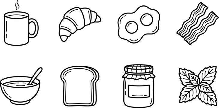Whimsical breakfast icons with coffee and pastry on a clean background