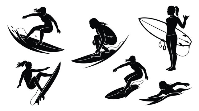 Professional vector illustration set of female surfers performing various athletic maneuvers on ocean wave boards