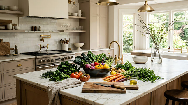 Fresh organic vegetables including colorful carrots tomatoes and leafy greens arranged artistically on a white marble kitchen island countertop with a wooden cutting board and knife