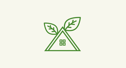 Green leafy house icon with triangular roof and window symbolizes eco-friendly living © Byone