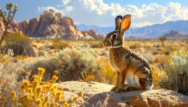 A jackrabbit sits atop a rock, surveying a vast desert landscape under a clear blue sky. Rocky mountains are visible in the distance