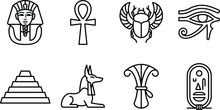 Ancient Egyptian Hieroglyphs and Symbols arranged in a clean graphic design for historical concepts