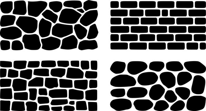 Collection of seamless stone and brick wall patterns vector silhouette icon set featuring cobblestone masonry brickwork and rock texture design elements isolated on white background.