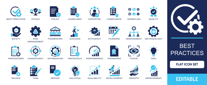 Best Practices editable solid icon set. Includes symbols by ethics, policy, guidelines, compliance, workflow, quality, protocols, procedures and methodology. More illustration vector icons collection.