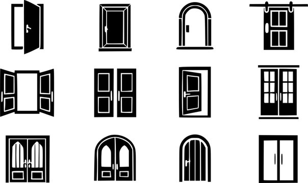 Collection of interior and exterior door vector icon set featuring open close front doors arched doorways sliding barn door and french doors silhouettes isolated on white background.