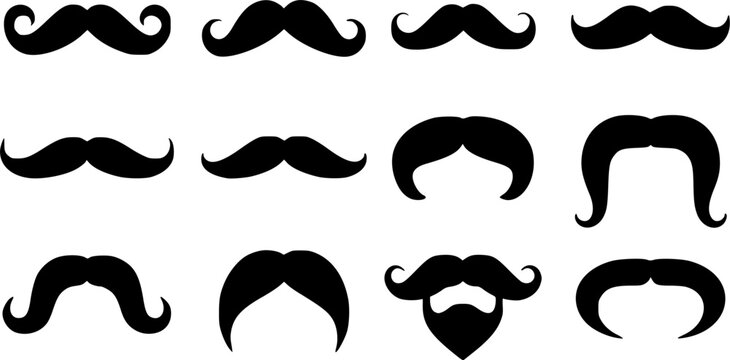Collection of vintage mustache silhouettes vector icon set featuring retro gentleman facial hair style barbershop design elements isolated on white background.