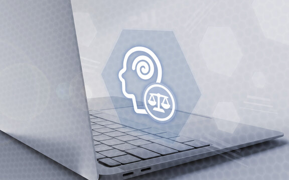 Diese Grafik visualisiert das Rechtswesen digital durch ein Laptop-Symbol mit menschlichem Profil, einer Spirale und einer Waage, die f&uuml;r Ethik, Gesetz und Technologie stehen.