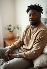 Fototapeta premium Relaxed young black man sitting on bed in casual clothing