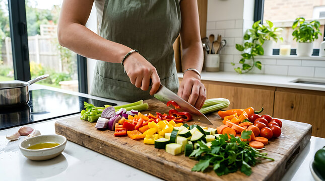 Person wearing a green apron uses a sharp metal knife to carefully chop vibrant fresh vegetables on a large rustic wooden cutting board inside home kitchen