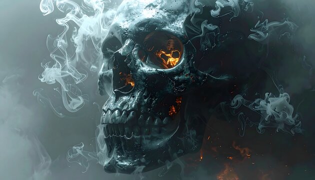 A dark, detailed skull emerges from smoke, eyes glowing with fire. The eerie portrait evokes mortality and a sense of dread