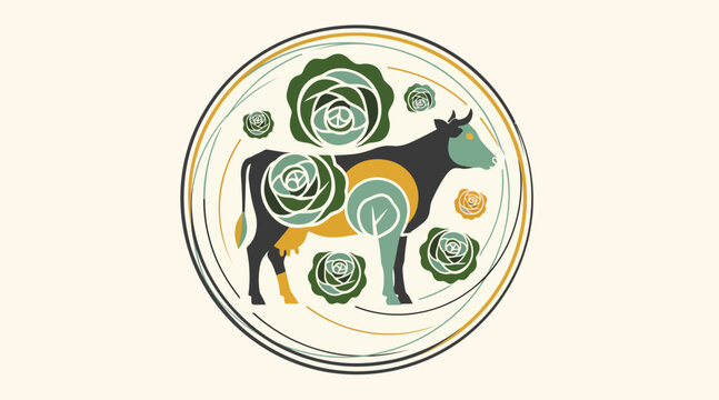 Colorful cow illustration with circular patterns and cabbage designs.
