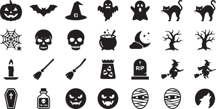Halloween Spooky Silhouette Icons Set Black and White Holiday Vector Design Elements