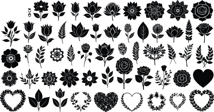 Black flower silhouette vector set featuring botanical floral blossoms garden leaves rose icons and decorative heart wreaths isolated on a white background