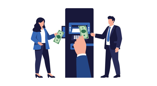 Two people withdrawing cash from an ATM machine.