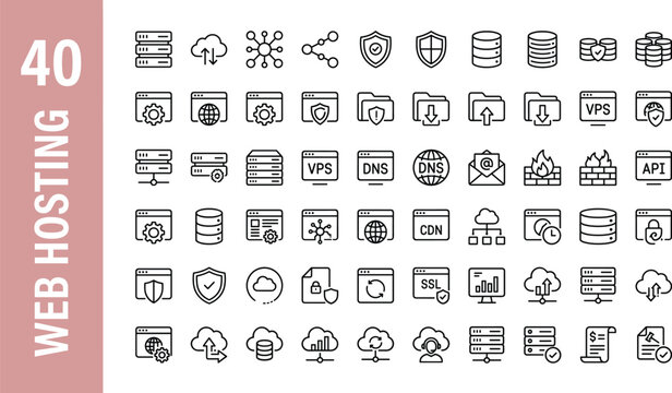 Set of forty web hosting and server line icons for website and app development