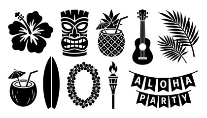 Coconut Tiki Party Icon Set with Hibiscus, Surfboard, Guitar, Totem Mask, and Tropical Holiday Banner © Afjal12