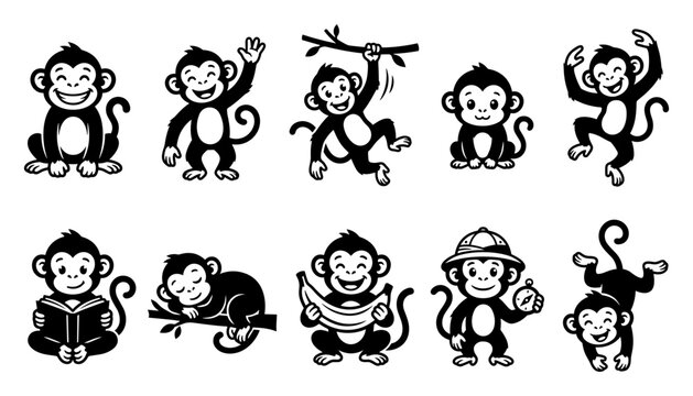 Cartoon Monkey Icons Set with Smiling Faces and Playful Poses in a Clean Vector Style Featuring Icon, Character, Mascot with Cute