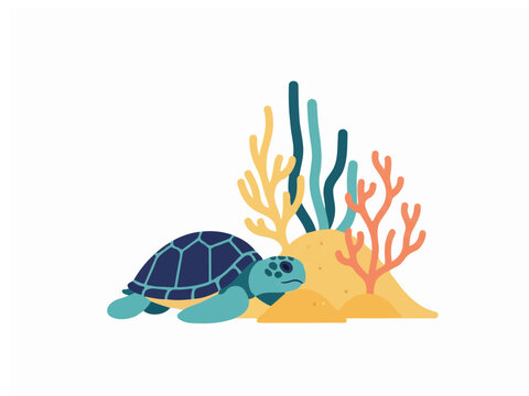 Sea Turtle and Colorful Coral Reef Plants Illustration Isolated on White Flat Vector Design