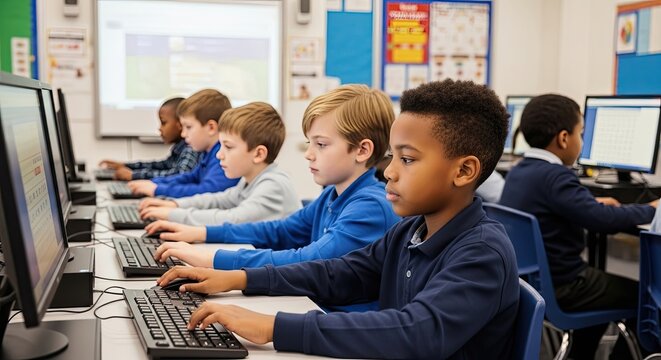 Several young boys are intently focused on their computers in a classroom setting. They are seated at desks, each with a monitor and keyboard.