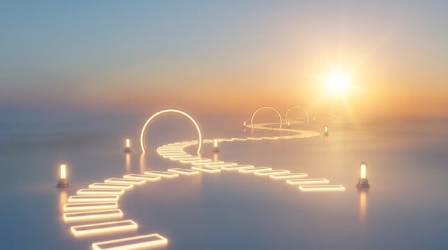 A surreal pathway of glowing illuminated stepping stones leading toward a golden sunrise.
