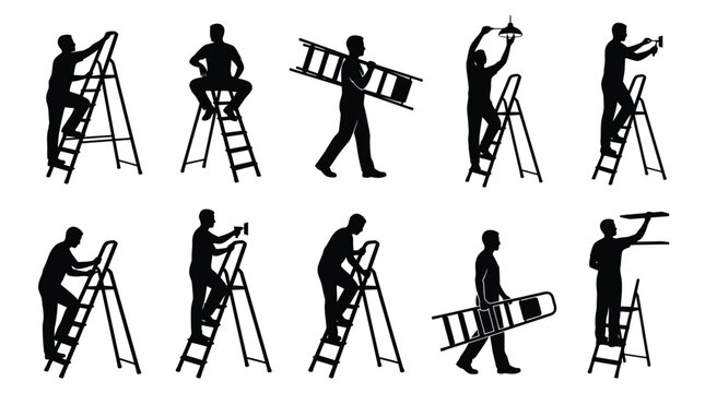 Professional male worker silhouettes performing various maintenance tasks using a sturdy metal ladder vector graphic design