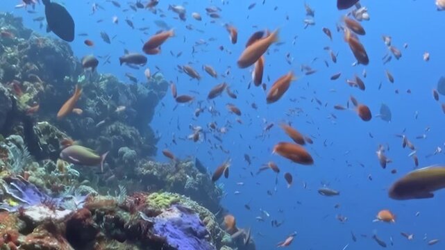 Hundreds of shimmering orange fish elegantly navigate crystal blue waters. They dart and weave around a majestic, colorful coral reef, creating a vibrant marine spectacle in a tropical ocean.