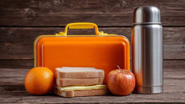 Schoolboy lunch box with thermos, apple, tangerine, sandwich and water bottle on wooden background, healthy school meal and daily nutrition for children, back to school food preparation and student lu