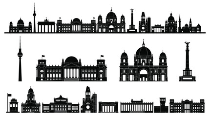 Obraz premium Detailed black vector illustration showing iconic berlin city skyline landmarks on a clean white background