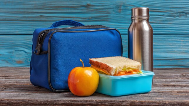 Schoolboy lunch box with thermos, apple, tangerine, sandwich and water bottle on wooden background, healthy school meal and daily nutrition for children, back to school food preparation and student lu