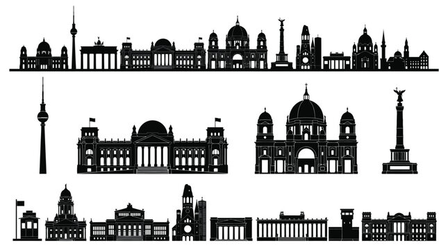 Detailed black vector illustration showing iconic berlin city skyline landmarks on a clean white background