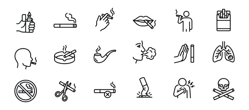 Smoking and quitting line icons set cigarette, tobacco, health risk, no smoking, and addiction outline symbols
