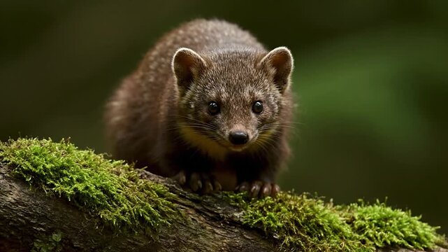 Close-up of a cute pine marten perched on a moss-covered branch in a forest.