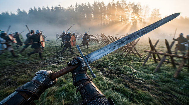 First person perspective of a medieval knight holding a steel sword during a chaotic battlefield charge in the misty morning light