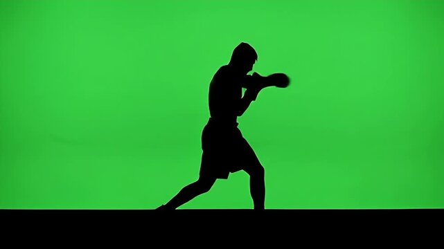 Silhouette Boxer Shadowboxing on Green Screen Background - A black silhouette of a boxer is depicted shadowboxing against a solid green screen background.