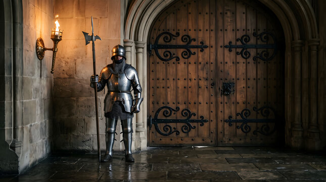 Medieval knight in full plate armor holding a halberd stands guard next to a large arched wooden door inside a stone castle