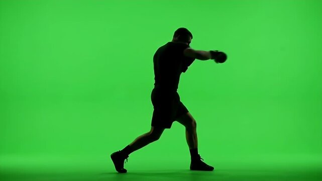 Silhouette Boxer Shadowboxing on Green Screen - A black silhouette of a boxer is captured mid-movement, shadowboxing against a vibrant green screen background.