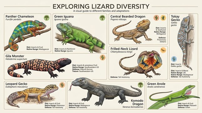 Lizard species, reptile illustrations, Exploring Lizard Diversity chart, educational zoology poster