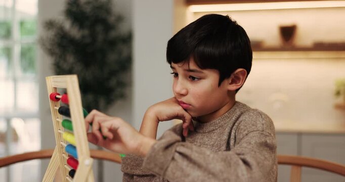 Child, learning and count in home with abacus, practice math and homework for education. Tired kid, calculate or development toys at house with growth, problem solving and number beads for solution