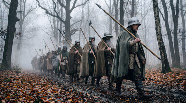 A line of medieval infantry soldiers wearing helmets and cloaks marching with spears through a foggy, muddy autumn forest