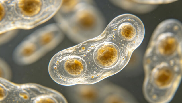 Bright field micrograph of Amoeba proteus protozoan cells, irregular amoeboid shape, protistology microscopy