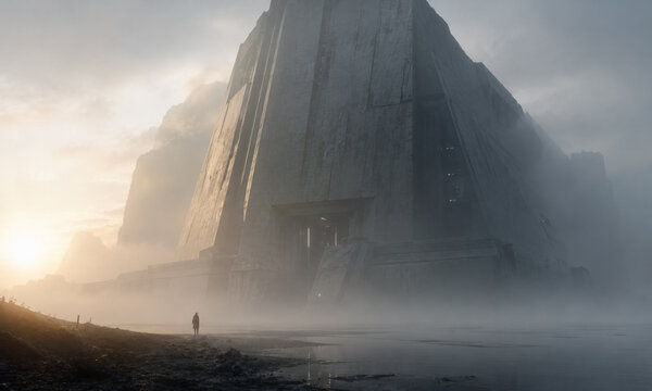 colossal futuristic monolith emerging through fog in cinematic dystopian landscape, massive sci fi megastructure with lone figure emphasizing scale and mystery
