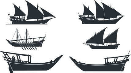 Old Vintage Ship Silhouette Icon Set with Ancient Sailing Vessels and Wooden Pirate Boats for Nautical Designs Sea Voyage Travel and Marine Graphics © Sultana